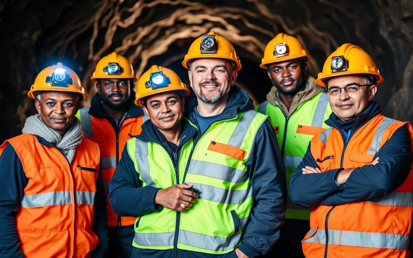 Titan Mining underground crew in high-visibility PPE and headlamps